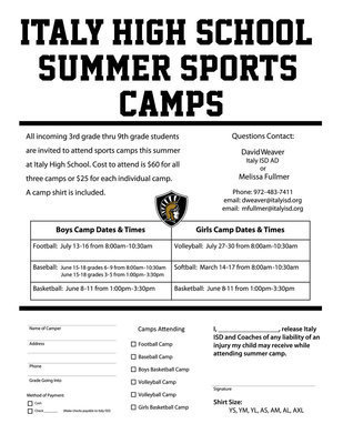 Image: All incoming 3rd grade thru 9th grade students are invited to attend sports camps this summer at Italy High School. NOTE: Enlarge image and select ‘Fit to Page’ before printing form.