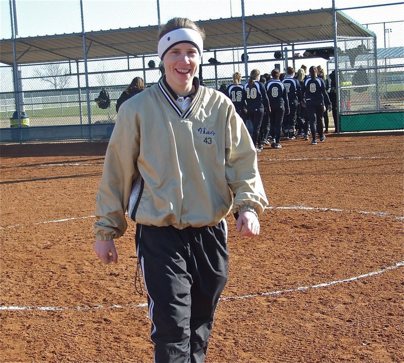 Image: That was fun! — Coach Jennifer Reeves struggles to contain her glee after her 1A Lady Gladiators run ruled 4A Cleburne 16-5 in six innings.