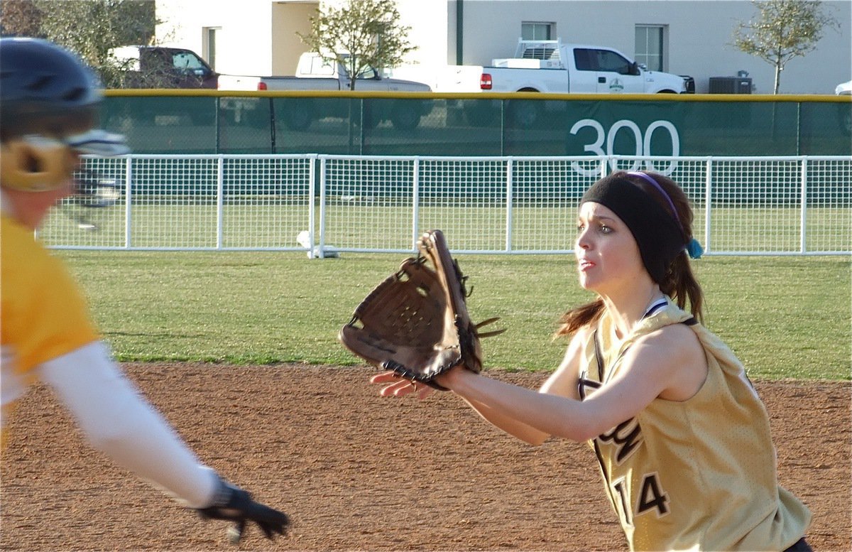 Image: Drew gets the out — Italy’s Drew Windham(14) was flawless during the tournament at 1st base as the Lady Gladiators defeated 5A Arlington Lamar to start the tournament off 2-0.