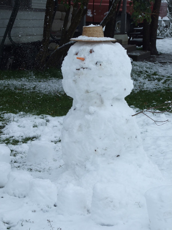 Image: Summer Snowman — This little guy has put on a little snow around the middle but is ready for sunny days.  His hat says it all.