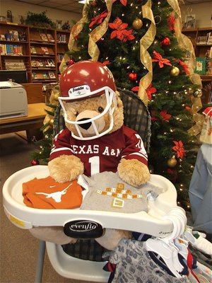Image: The helmet may help — I have a feeling this Texas A&amp;M teddy bear will be Kix’s first tackling dummy.