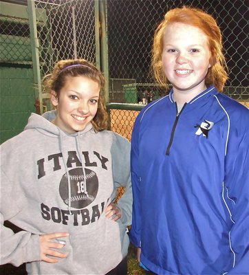 Image: Teaming up — Morgan Cockerham and Katie Byers feel good about their Lady Gladiator softball debut.