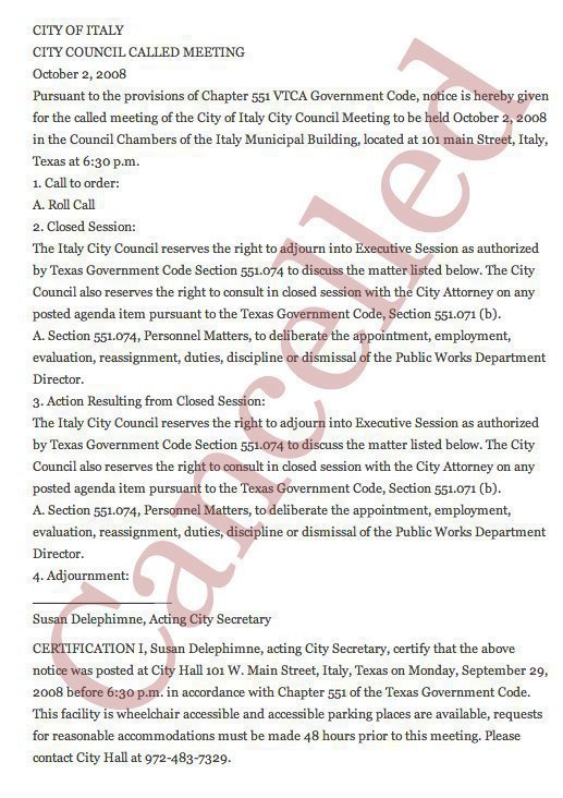 Image: City meeting agenda 10/02/2008 — Thursday, October 2 Italy’s city council will meet concerning the Public Works director position. This meeting has been cancelled.