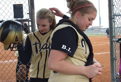 Image: Let’s do this! — Abby Griffith and Julia McDaniel get geared up to take the field of battle. The B.I. on Julia’s sleeve continues to honor fallen Gladiator Bobby Itson.