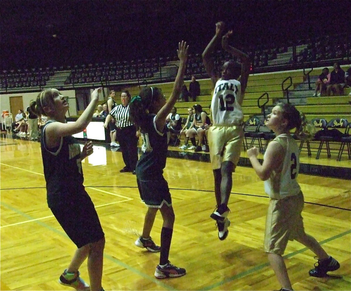 Image: Kortnei fires one — Kortnei Johnson(12) has hops as she goes for the hoop as Tara Wallis(2) looks on.