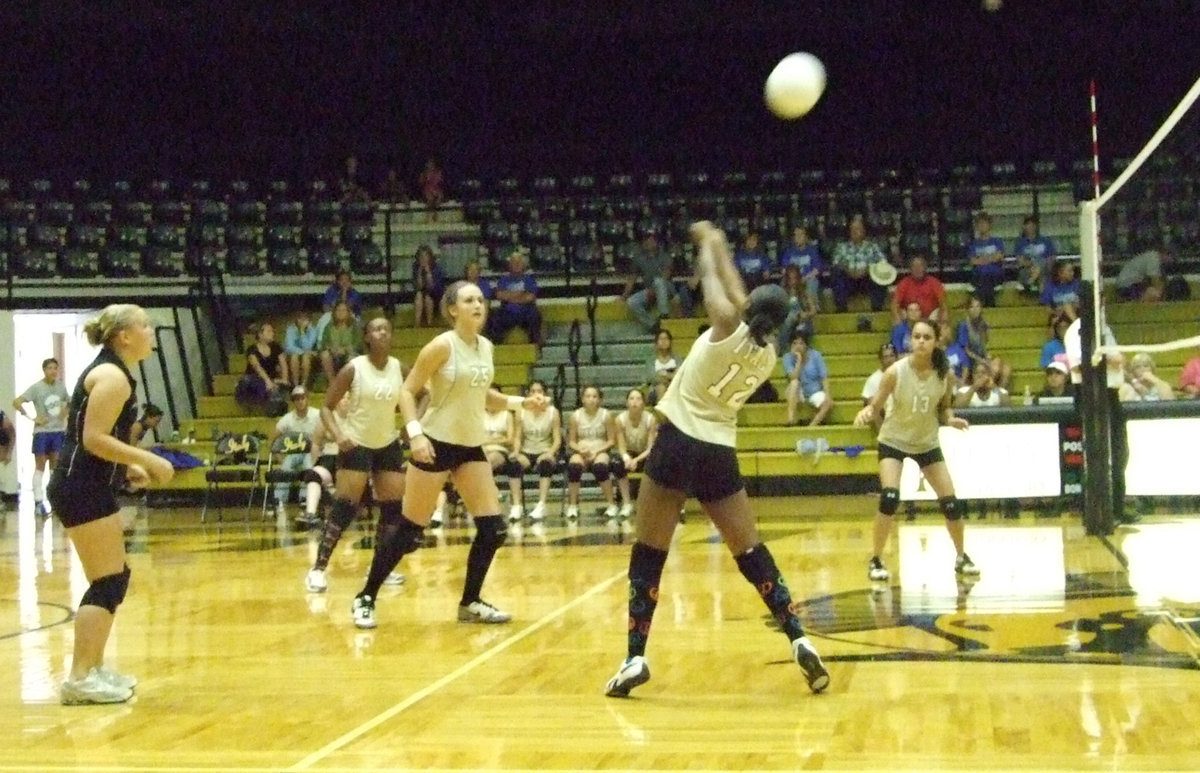 Image: Birdsong sets it up — Chante Birdsong sets the ball for Brianna Perry.