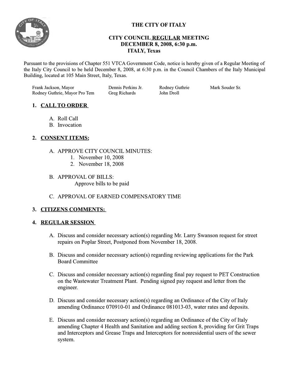 Image: Italy City Council Agenda — Italy City Council agenda for December 8, 2008 at 6:30 p.m.