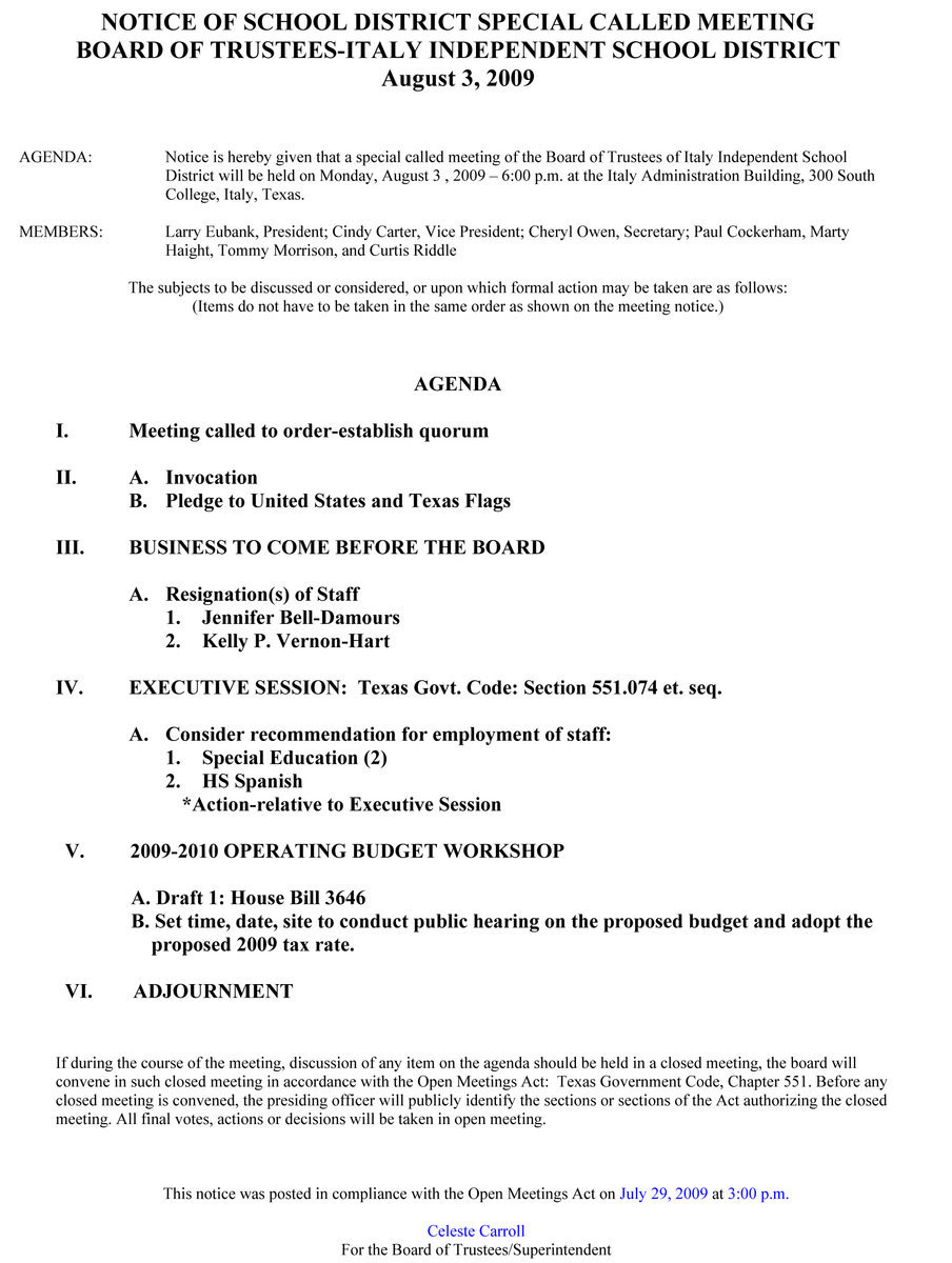 Image: School Board Meeting Agenda, August 3, 2009