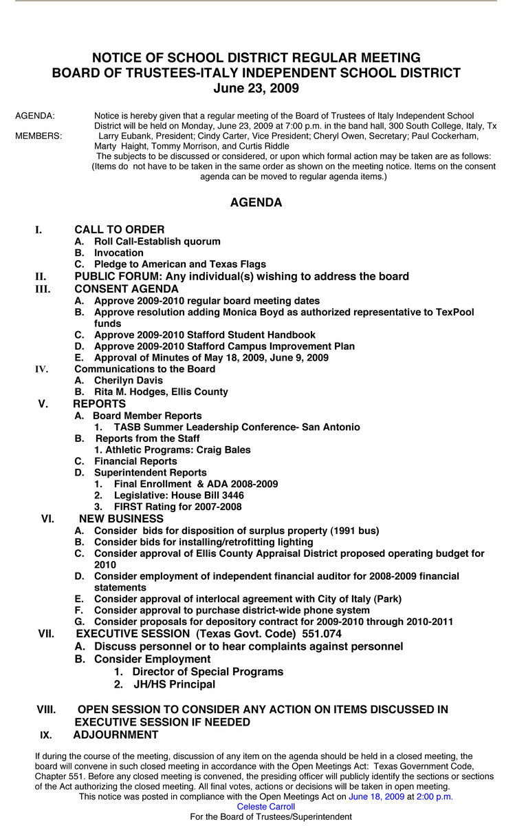 Image: Italy ISD Board of Trustees – June 23, 2009 Meeting Agenda