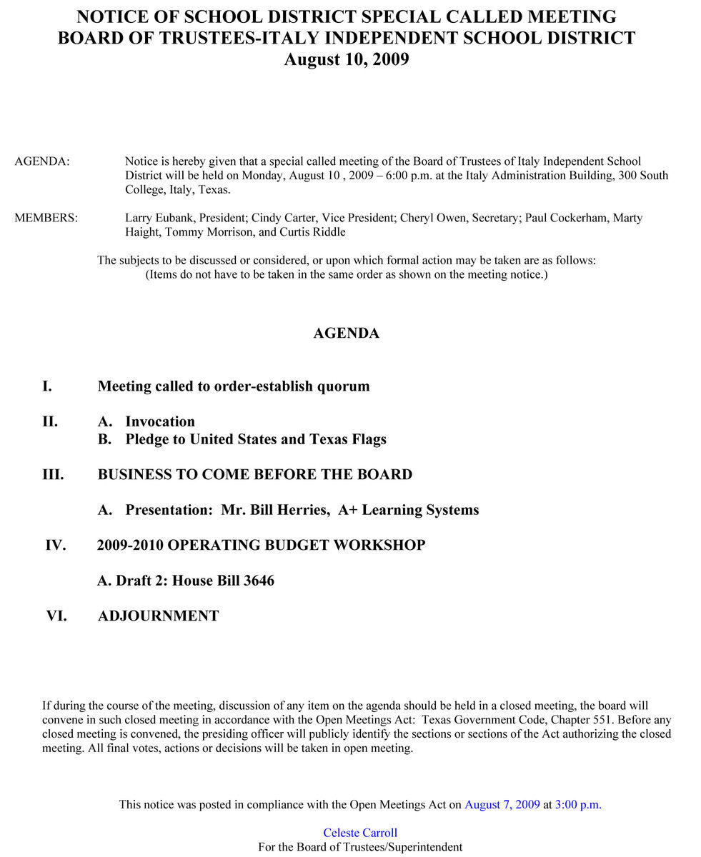 Image: August 10, 2009 – School Board Agenda