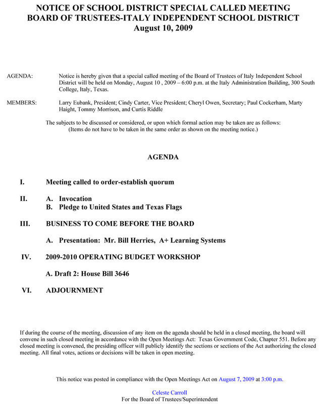 Image: August 10, 2009 – School Board Agenda