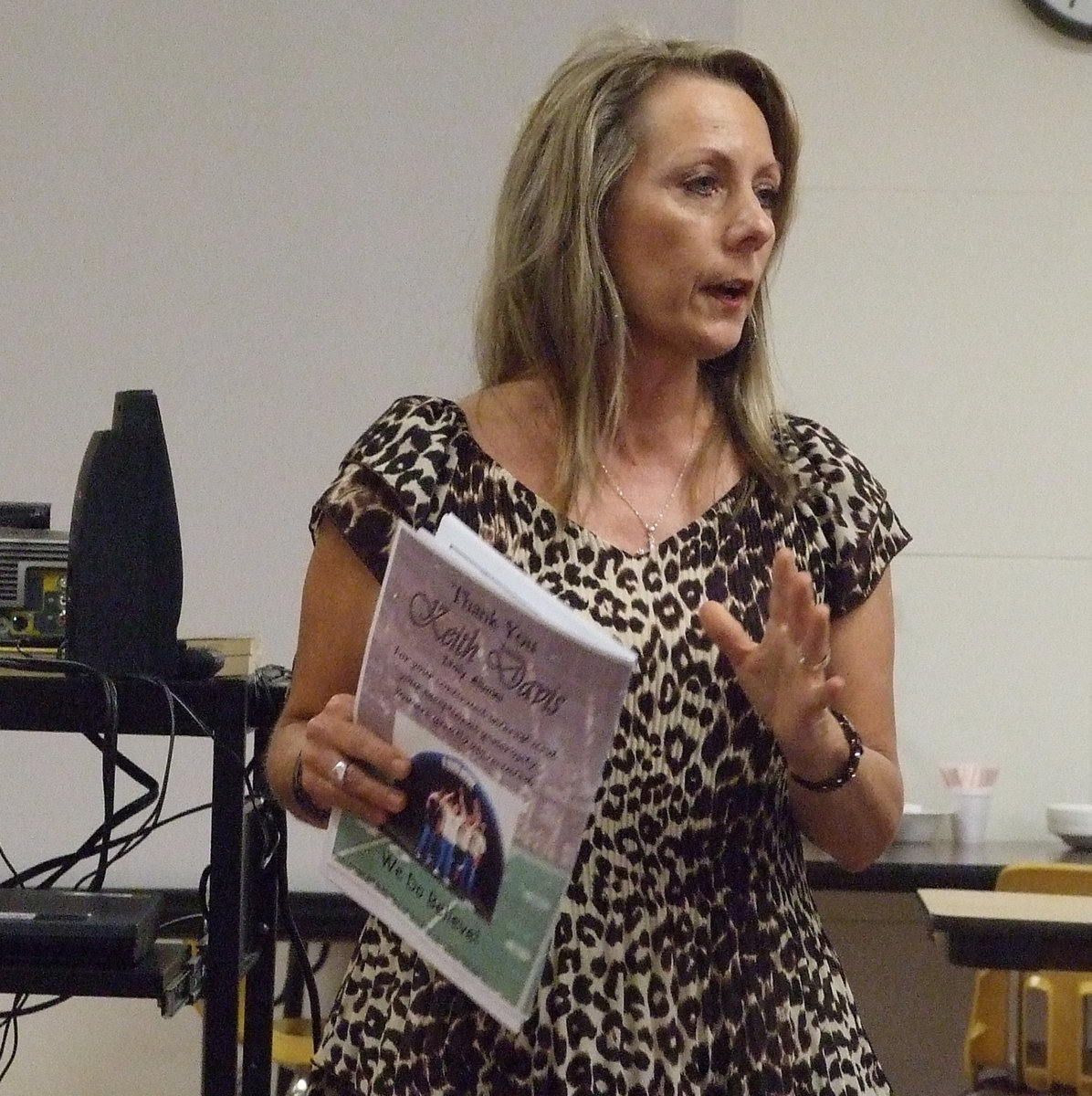 Image: President Milligan — Becky talked to the parents on Tuesday night about joining the Booster Club and all the great things that can be done for the students.