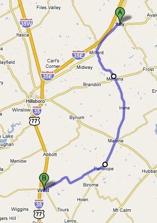 Image: Suggested route to take to West, Texas