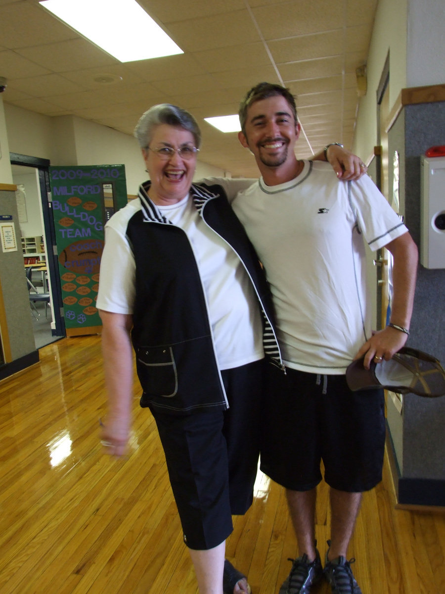 Image: Principal Byrne and new teacher, Coach Cox — Marilee Byrne and Caleb Cox. Caleb is the new high school science teacher.