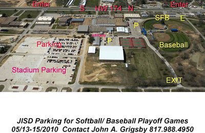 Image: Parking Diagram — Parking could be tight on Saturday due to a playoff game that will be held at the baseball field.  This diagram was supplied by the coach from Joshua High School.