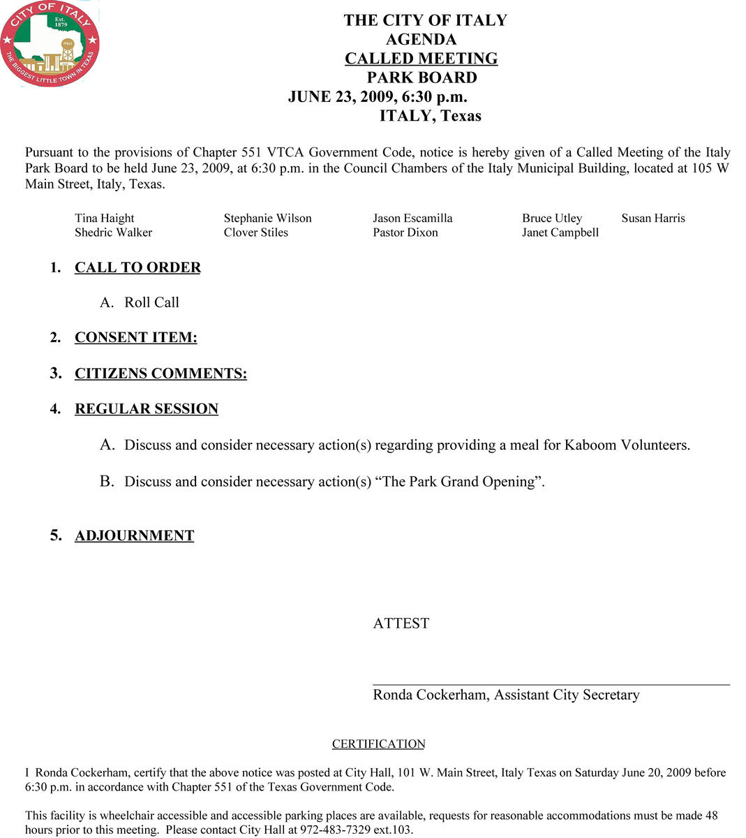 Image: Italy Park Board Meeting Agenda-June 23, 2009