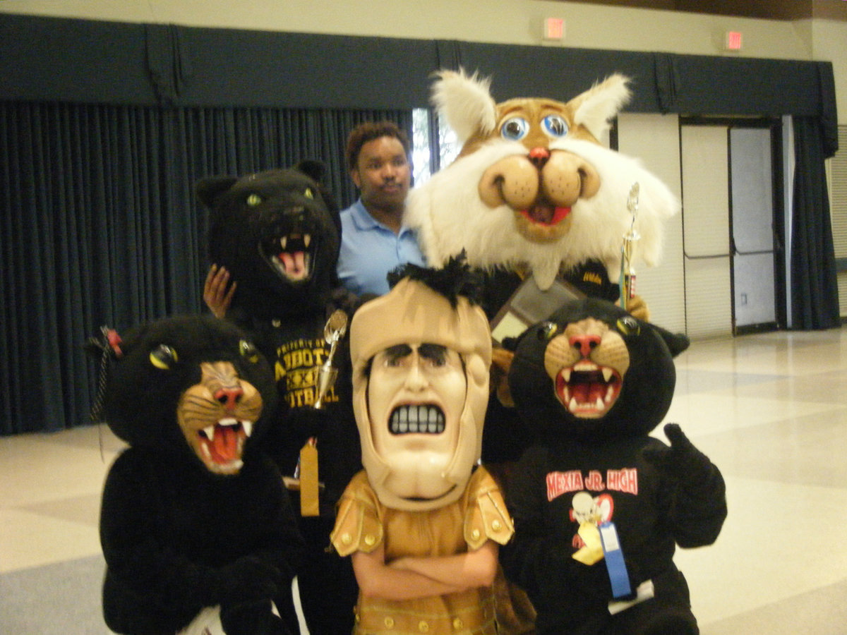 Image: Just mascoting around — Bottom row: Lola (Mexia Black Cat), (Gladiator), Lil’ Swagg (Mexia Black Cat); Top row: Prowler (Abbott Panther), A.P. (Mascot Coach), ZZ (Cayuga Wildcat)