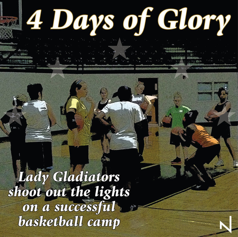 Image: Lady Gladiator Bsaketball Camp 2009 ends in a blaze of glory — With a 4-day basketball camp under their scrunchies, all the Lady Gladiator regiments will be ready for battle and trained for glory. Armed with long range snipers, hand-to-hand combative guards and warriors in the trenches, Coach Stacy McDonald has assembled an arsenal of winning machines.