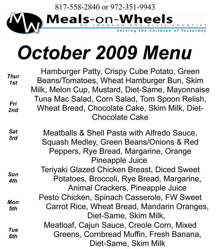 Image: Meals on Wheels – October Menu