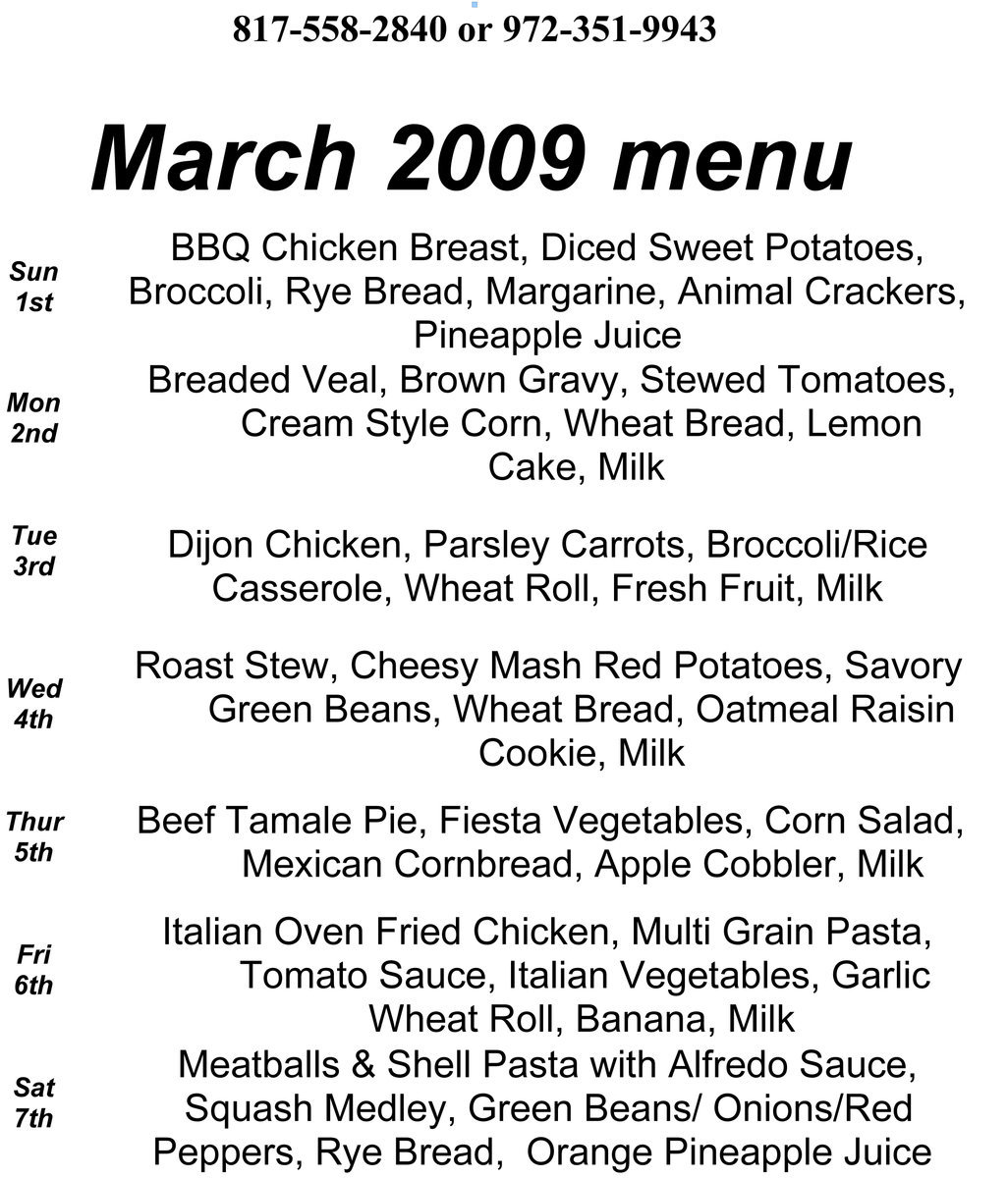 Image: March Meals-on-Wheels meal menu calendar
