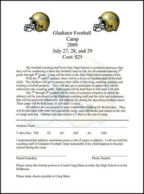 Image: Football Form — The football camp is for students entering the 5th through 9th grades. Make checks payable to Craig Bales.