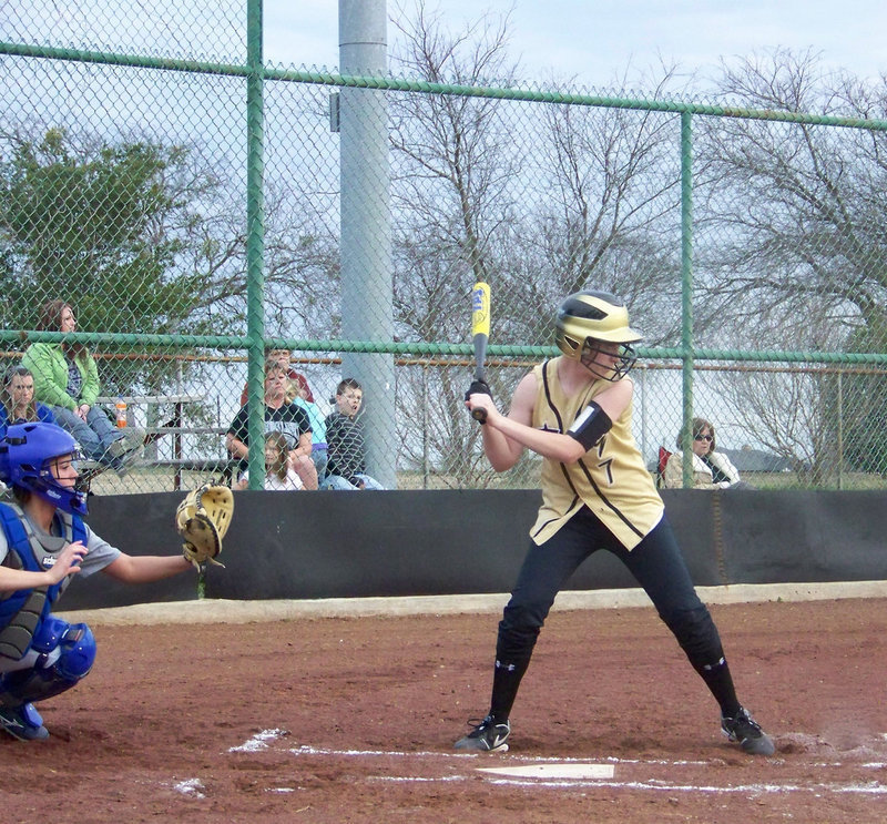 Image: Waiting For Her Pitch — Freshman Bailey Bumpus is being patient at the plate.