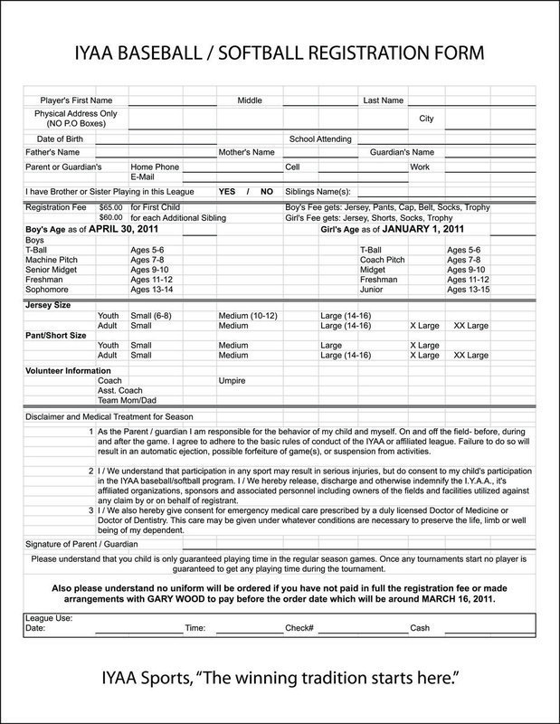 Image: IYAA Baseball / Softball Registration Form. Double click image to view largest size then check, “Fit to page,” before printing.