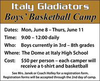 Image: How to dribble it, pass it and put it in the basket — Following one of the Gladiators’ best basketball seasons ever, Italy’s Head Coach Kyle Holley will be hosting the Gladiator Basketball Camp June 8-11.