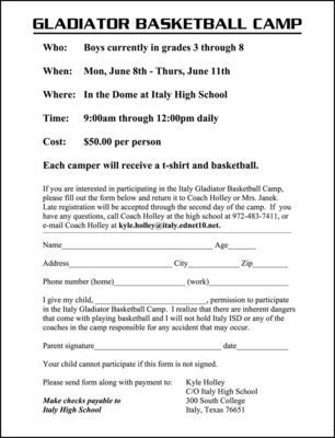 Image: Registration Form — See Mrs. Janek or Coach Holley for a registration form. Registration forms will be accepted through the 2nd day of camp.