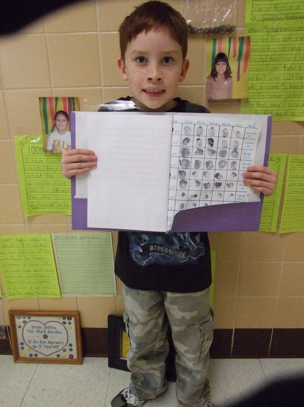 Image: Michael Russell’s 100 Fingerprints — This creative little boy used finger prints of his family members for his one hundred items.