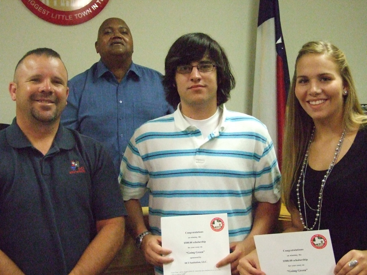 Image: DCI SAnitation Scholarship Winners — David Ingram from DCI awarded Trevor Davis and Becca DeMoss scholarships for thier “Go Green” essays, while Mayor Frank Jackson looks on.