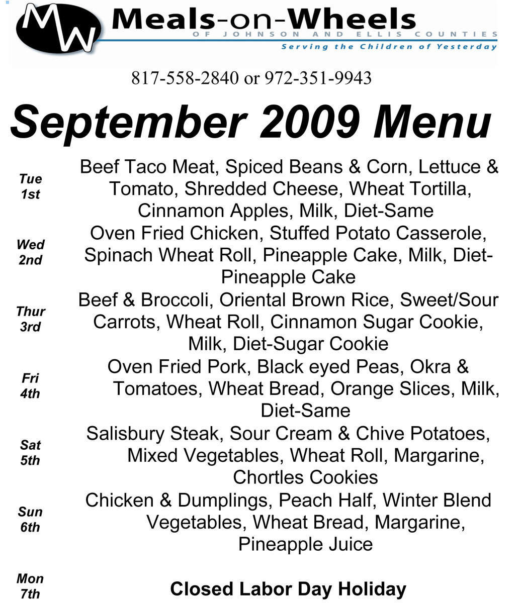 Image: Meals on Wheels, September Menu – page 1