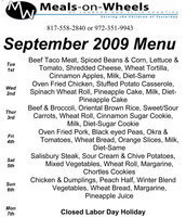 Image: Meals on Wheels, September Menu – page 1