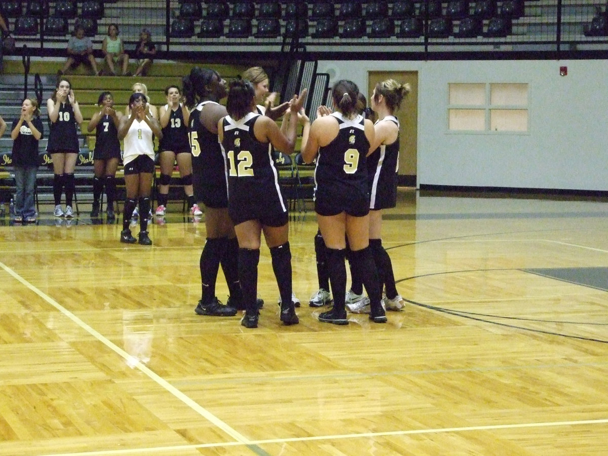 Image: Varsity ready to play — Lady Gladiator Varsity volleyball team began the game with a roar on Friday night when they took on Red Oak Life.