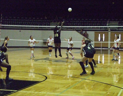 Image: Jimesha has jumps — Sophomore Jimesha Reed protects the net.