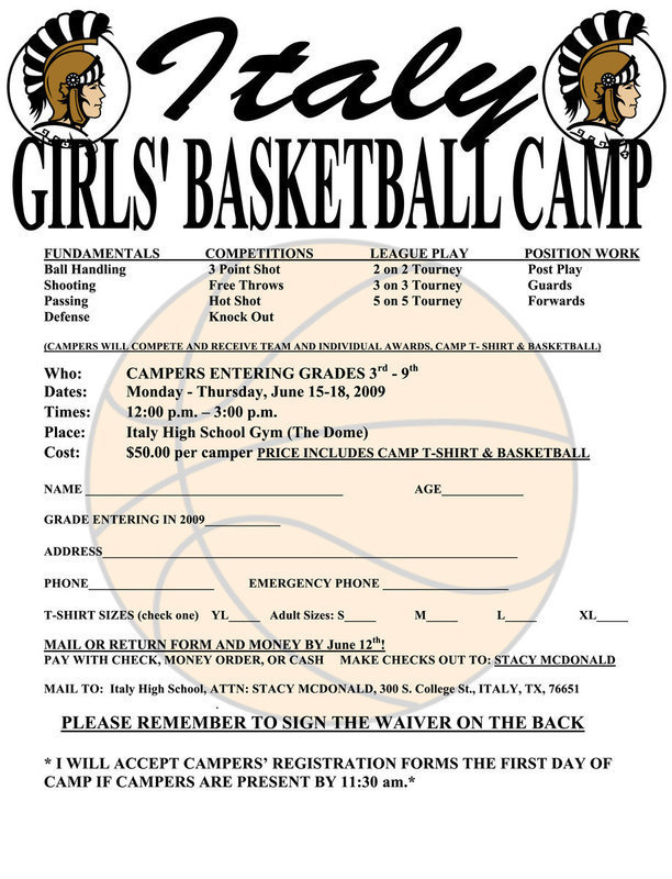 Image: Return by June 12 — Italy Girl’s Basketball Camp starts Monday, June 15, but the forms and $50.00 payment need to be turned in by June 12. Clicking again on the image above enlarges the document for printing purposes.