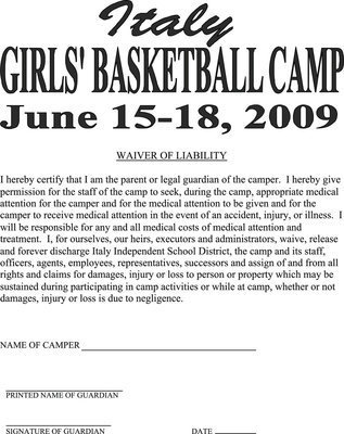 Image: Waiver Of Liability — The “Waiver Of Liability” must also be signed and turned in by June 12 along with the sign-up form and $50.00 payment (sign-up fee includes camp t-shirt and basketball). Clicking again on the image above enlarges the document for printing purposes.