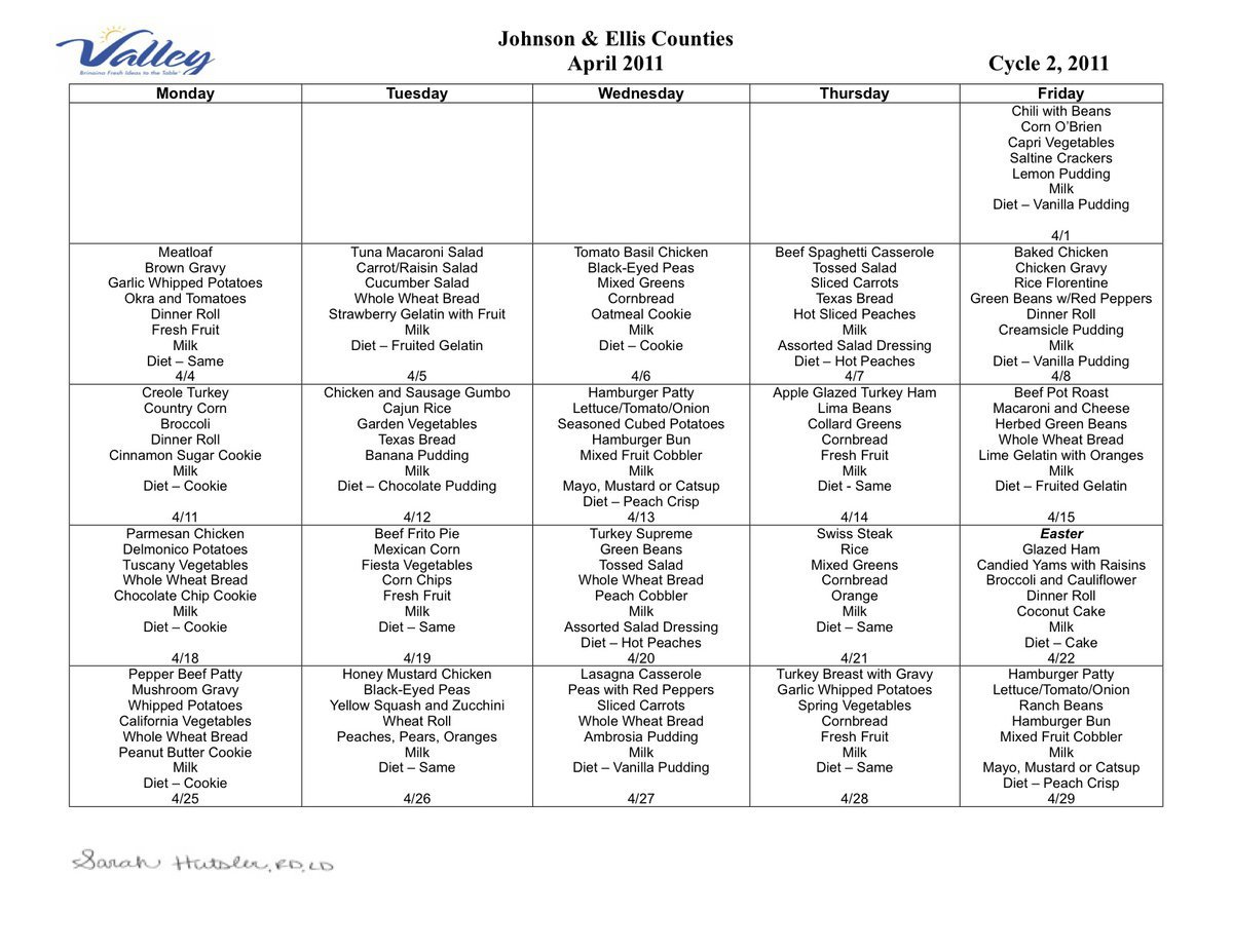 Image: April Meal Calendar