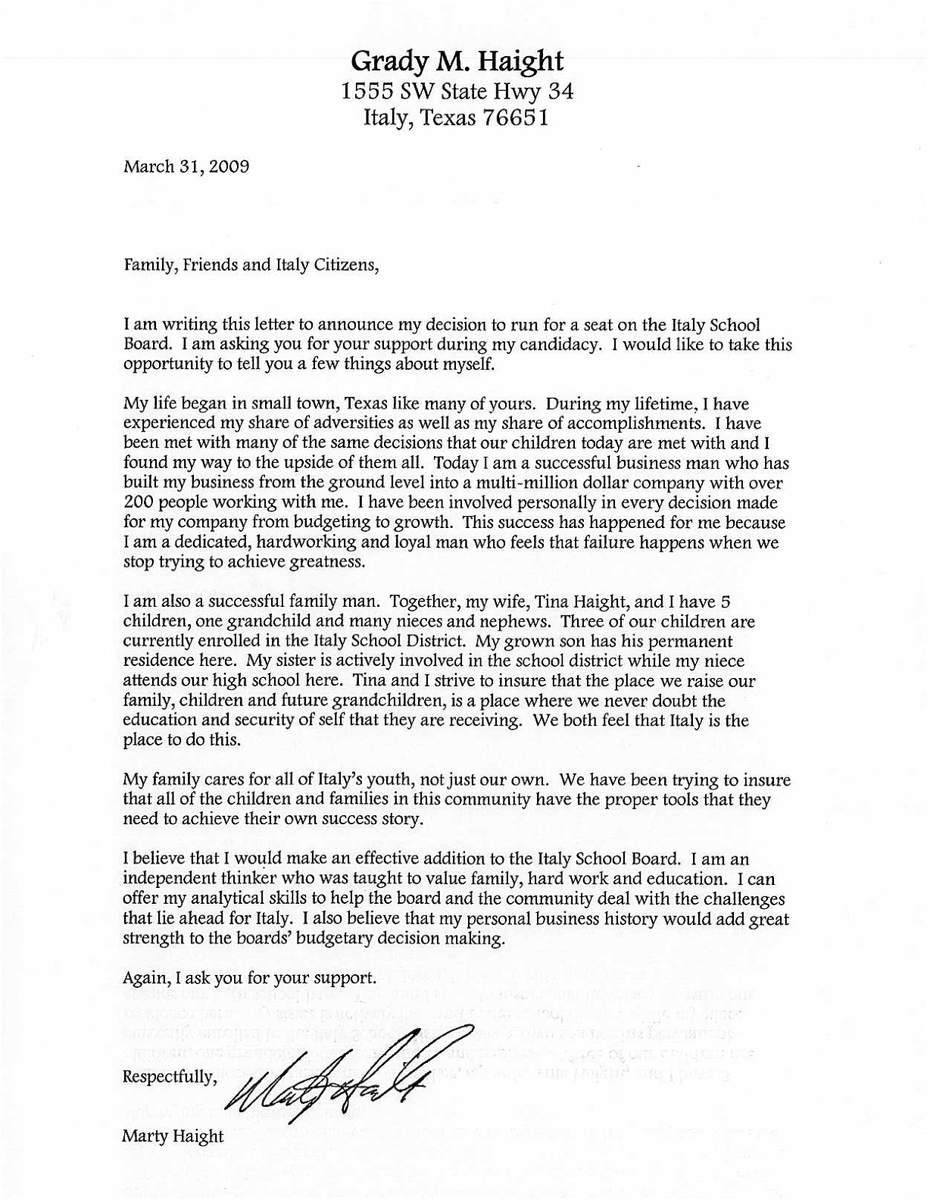 Image: Letter sent to us — This is a copy of the letter that was sent to us from Grady M. Haight who is running for school board this year.