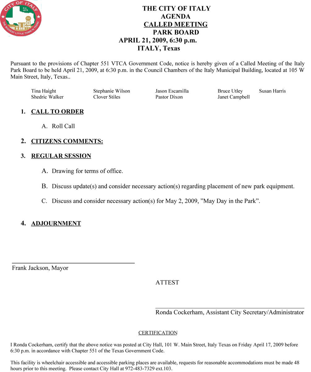 Image: Park Board Meeting Agenda-April 21, 2009