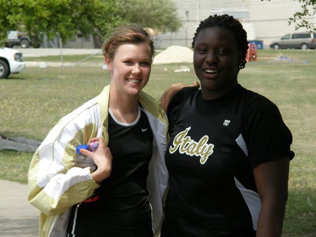 Image: Kaitlyn and Jimesha — Kaitlyn Rossa (1600 – 1 mile run) and Jimesha Reed (Shot put) are on their way to the Regional track competition in Nacodoches.