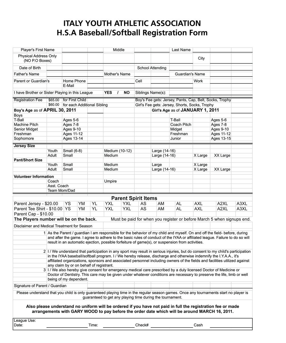 Image: Registration Form – IYAA Baseball/Softball — Double click image, click “Print” and then select “Fit to page” before printing the document.