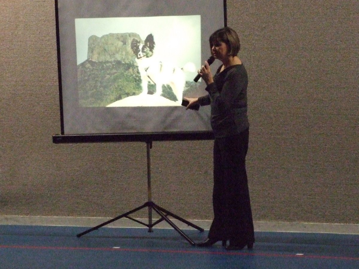 Image: Cindy Tucker and Toby — Cindy Tucker is the author of Toby’s Texas Tales. She visited Stafford Elementary and taught the children lots of information about Texas.