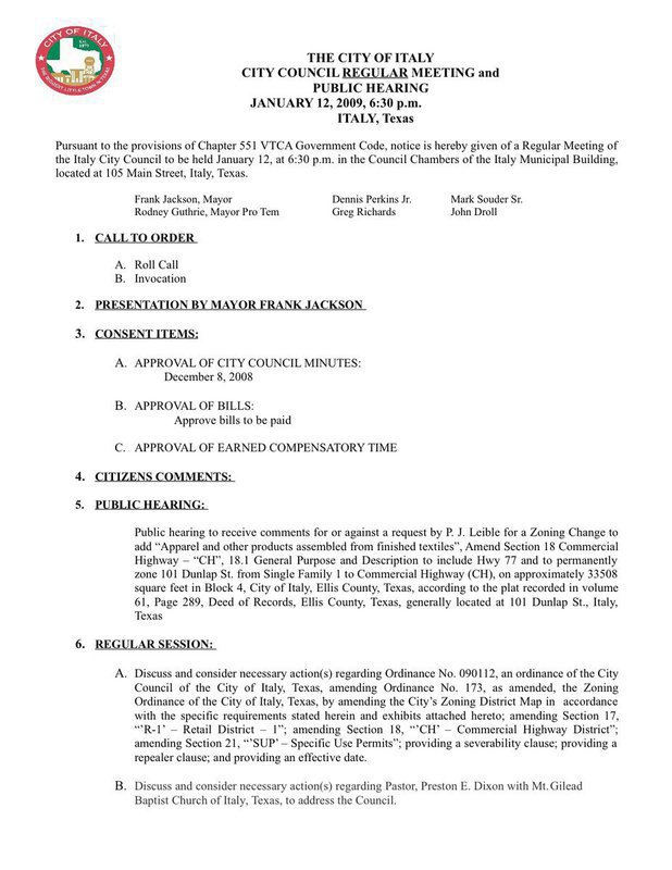 Image: City Council Agenda — Agenda for the Italy City Council meeting for Monday, January 12, 2009 at 6:30 p.m.