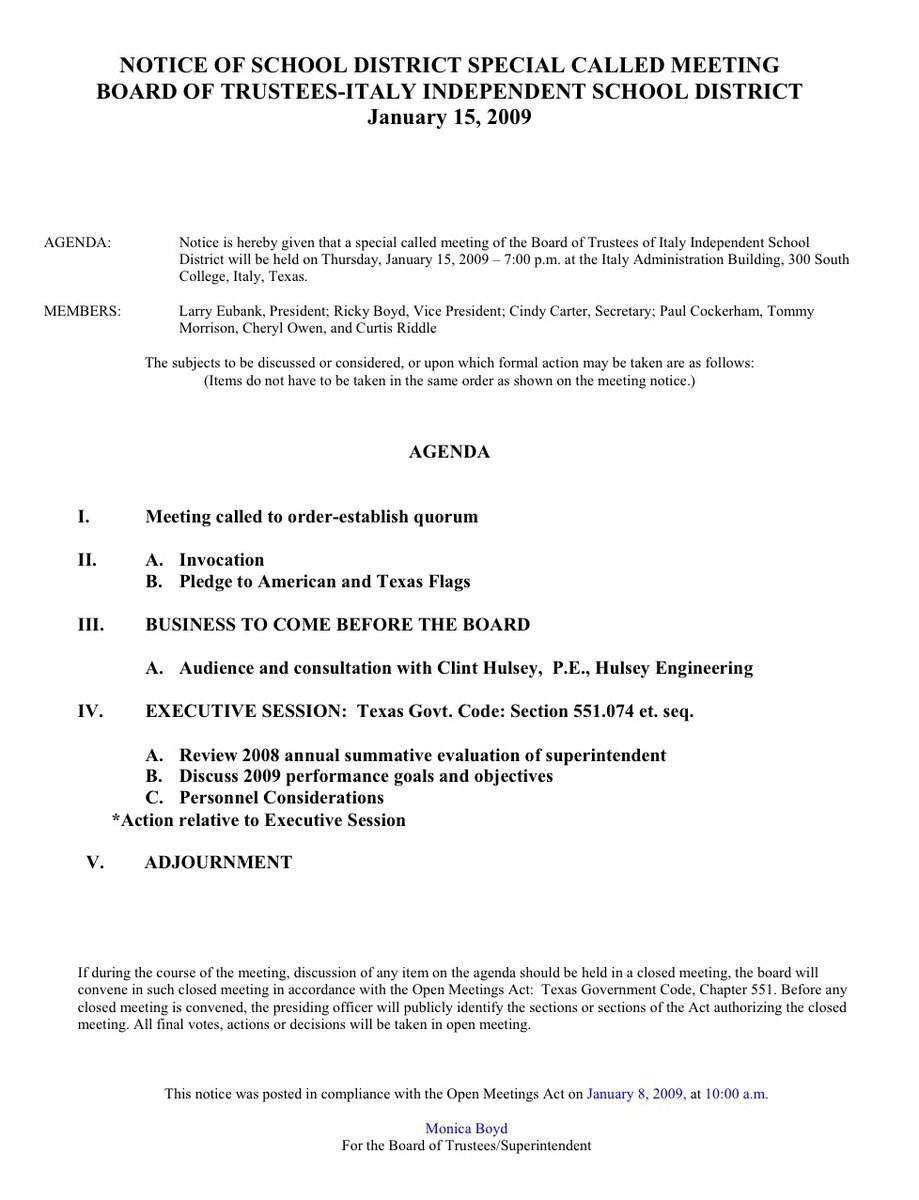 Image: Board Meeting Agenda — Agenda for the Italy ISD Board of Trustees meeting for January 15, 2008.