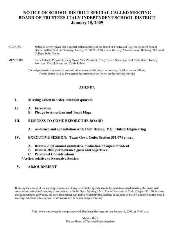 Image: Board Meeting Agenda — Agenda for the Italy ISD Board of Trustees meeting for January 15, 2008.