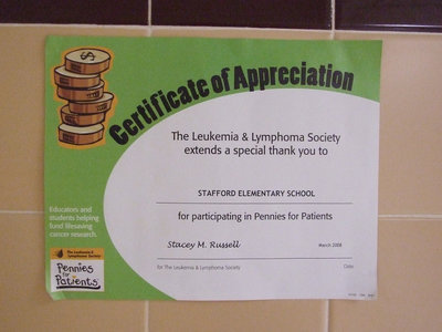 Image: Last Years Award — Last year Stafford Elementary raised $1,283.85 in the fight against leukemia.