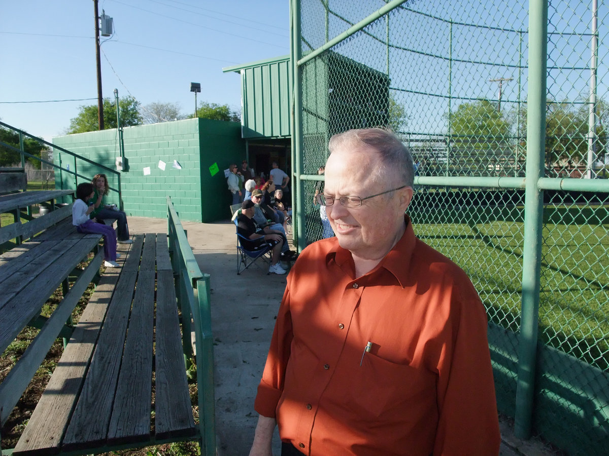 Image: David South — David South is ready for some popcorn and cracker jacks as Mr. South’s companies, Monolithic Constructors, Inc. and Italy Neotribune are thanked for their sign purchase that will help support the baseball team and the Booster Club’s Scholarship Fund.