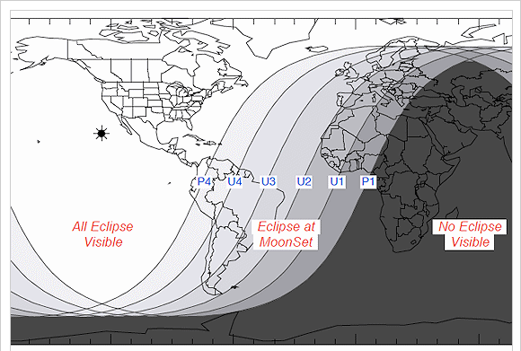 Image: From first to last bite, the eclipse favors observers in North America. The entire event can be seen from all points on the continent.