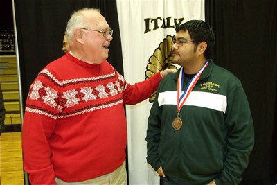 Image: Congratulations for Perez — Italy High School Superintendent Charlie Williams congratulates Jesus Perez on his well deserved honor.